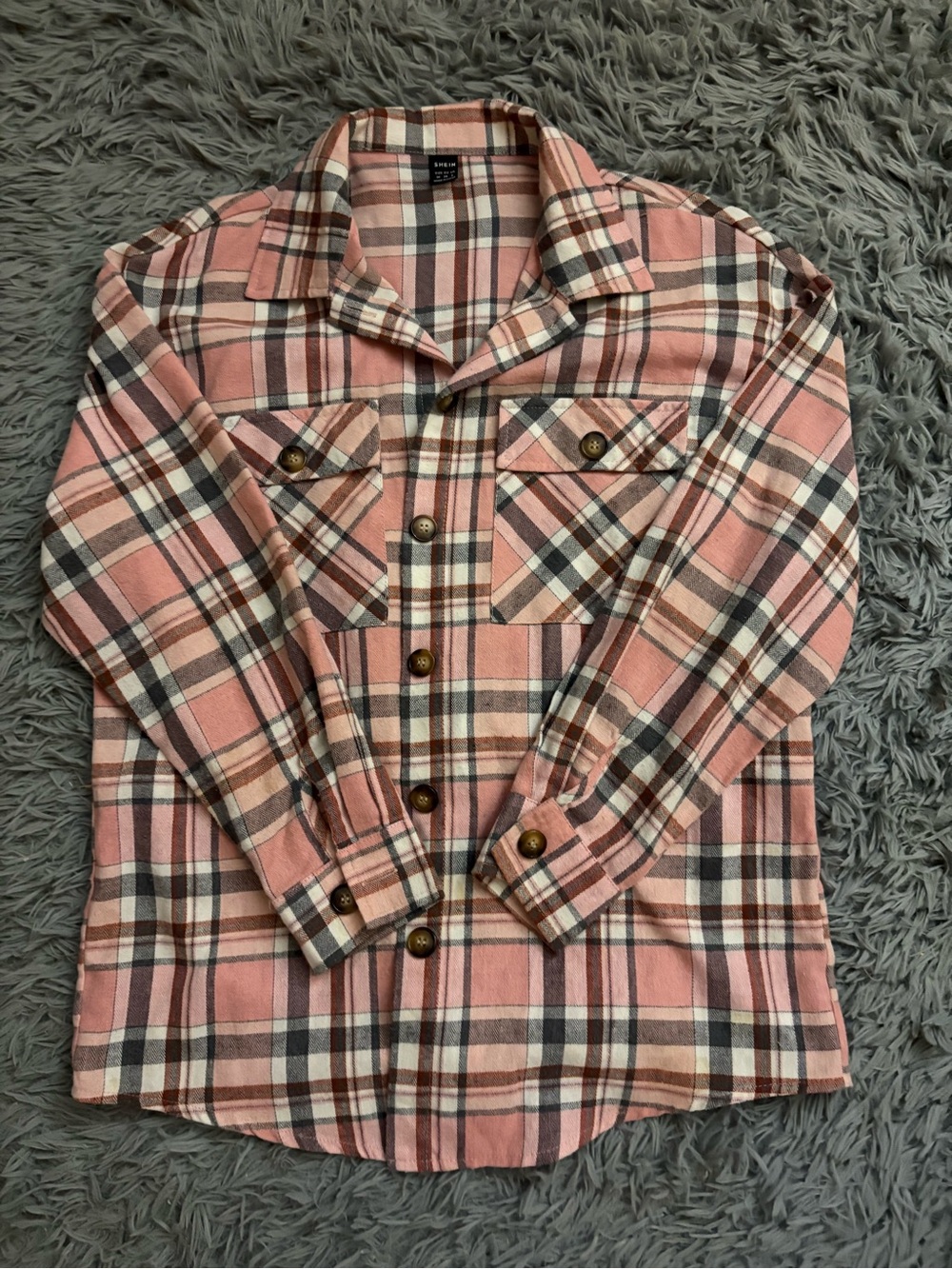 SHEIN Pink, Cream & Gray Plaid Button-Up Shirt